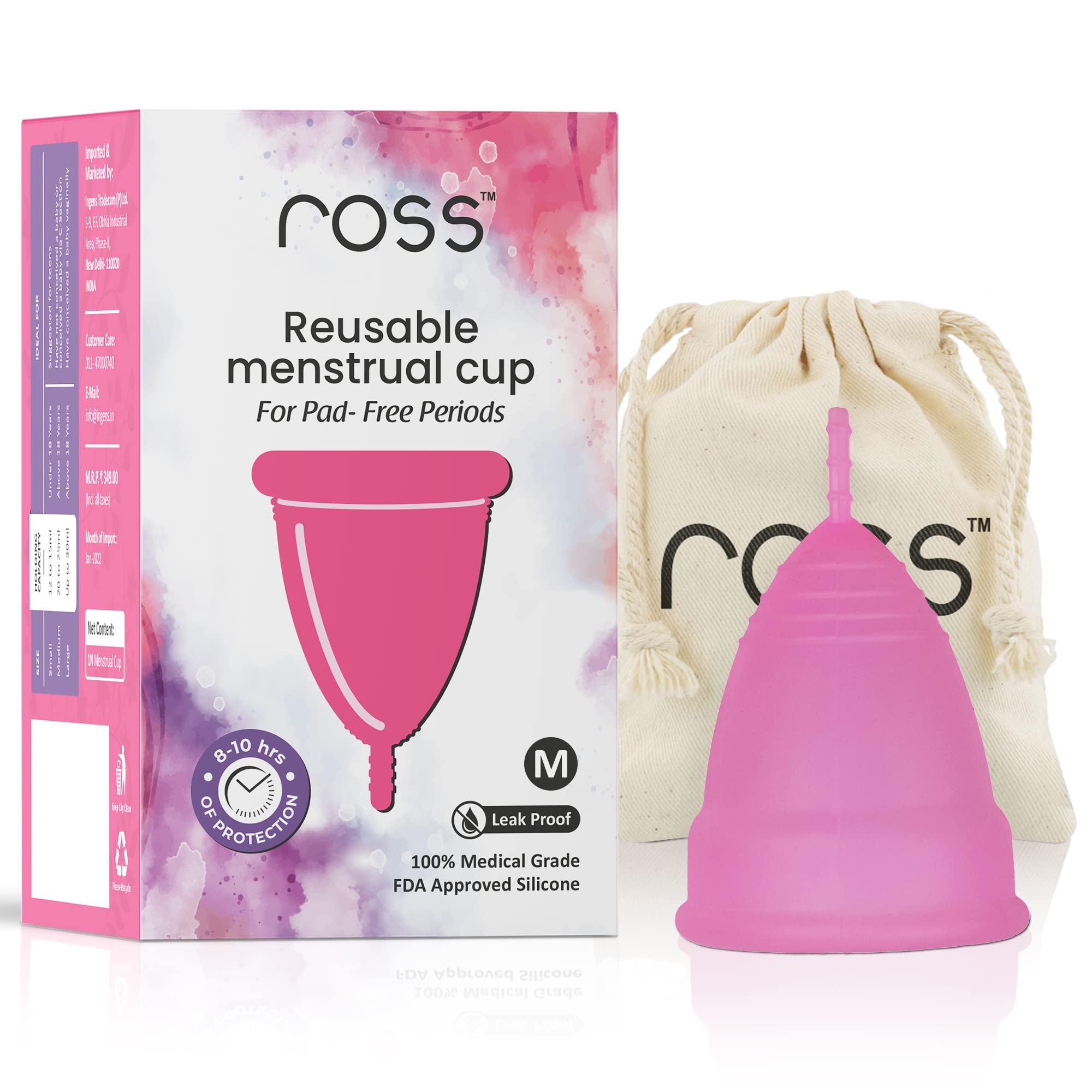 Ross Reusable Menstrual Cup for Women- Medium, Odour free and Rash Free, No Leakage, Protection for Up to 8-10 Hours, FDA Approved with Pouch