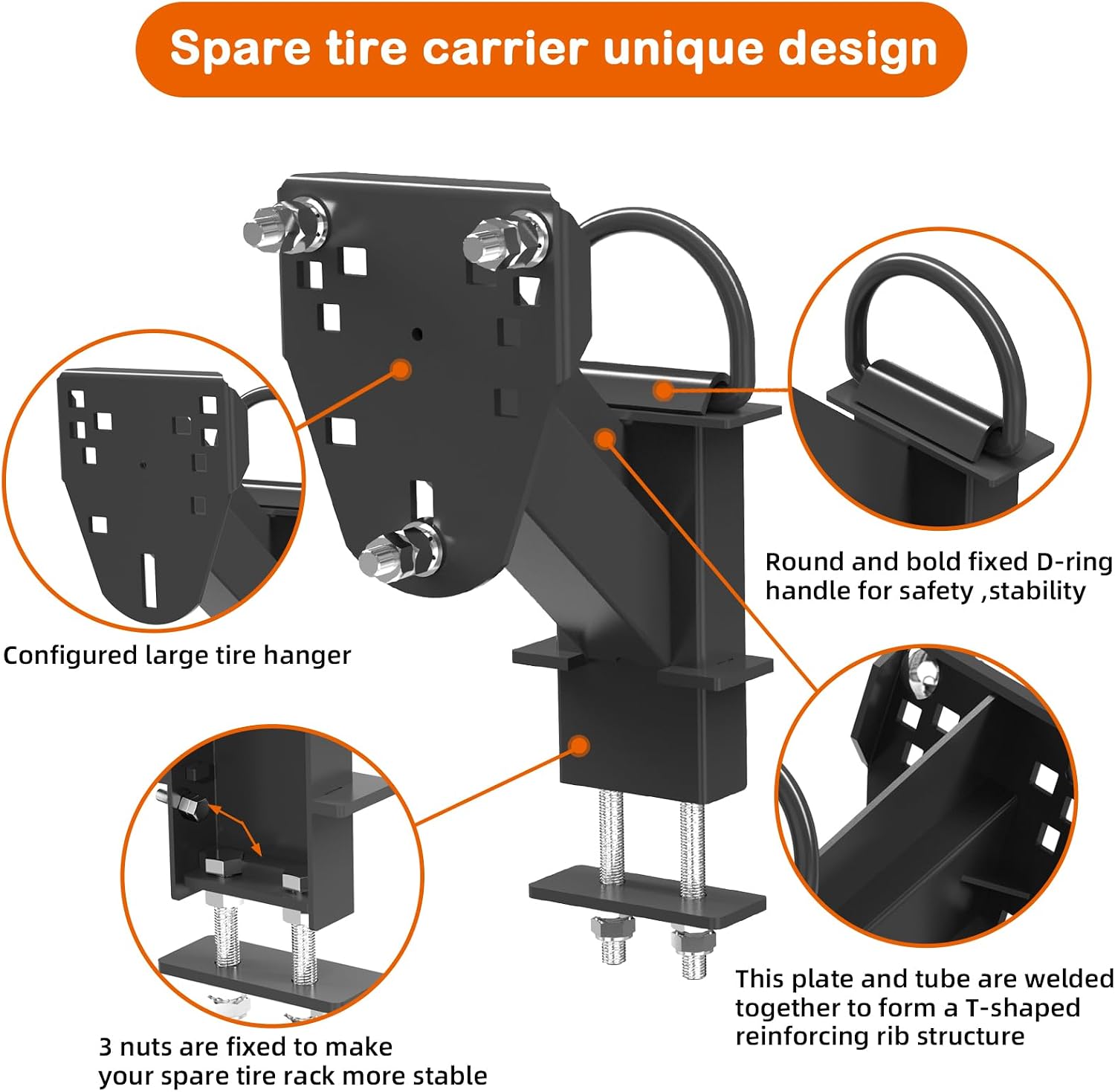 Stake Pocket Spare Tire Carrier with D-Ring ,Spare Tire Mount Bracket for Trailer Fits Most 4 & 5 & 6 & 8 Lugs Wheels on 4", 4.5", 4.75", 5", 5.5",6" or 6.5" Bolt Patterns