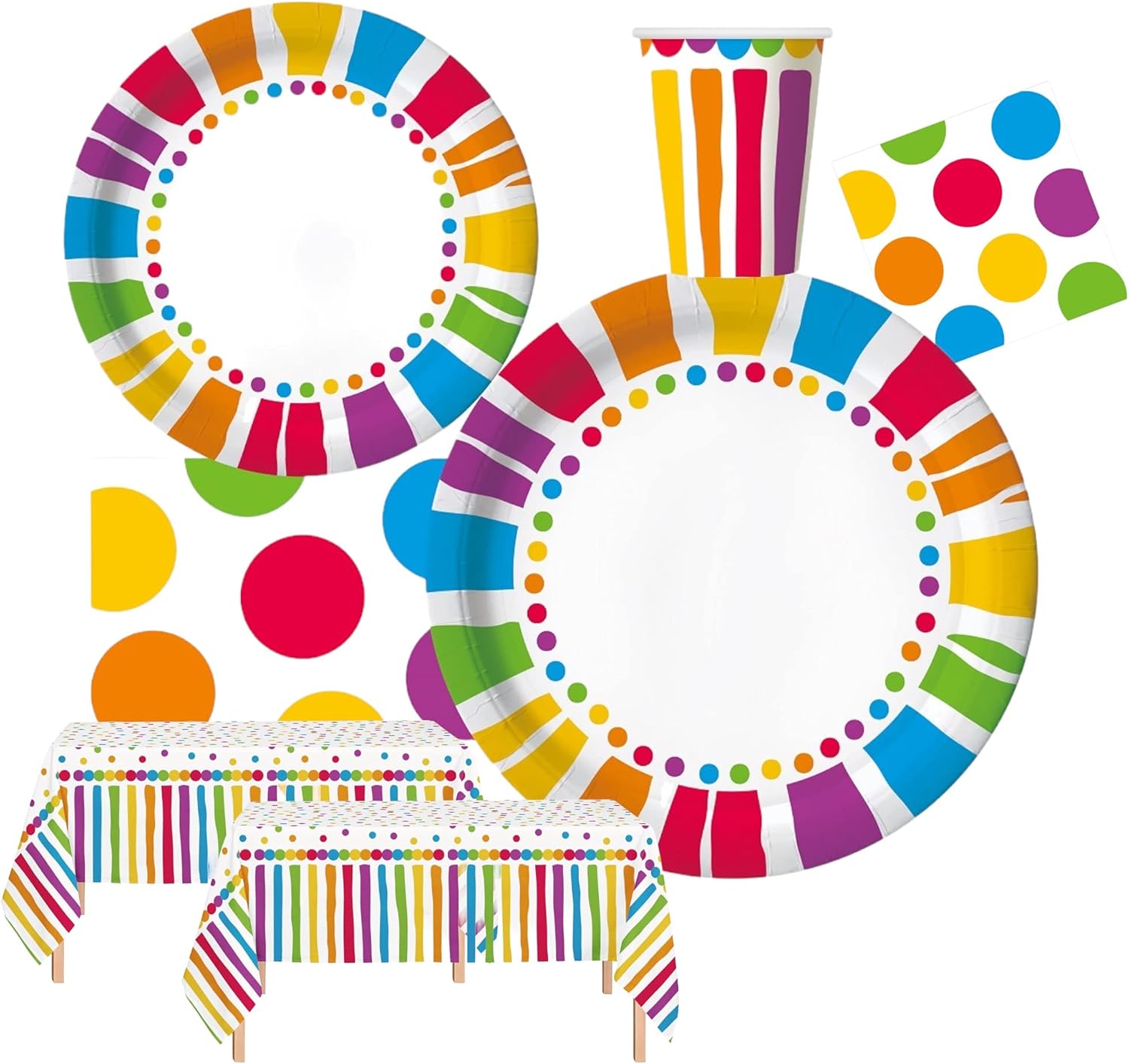 Oojami Rainbow Party Supplies Set – Serves 30 Guests Disposable Paper Plates, Cups & Napkins Colorful Birthday, Kids Party & Celebration Tableware Pack