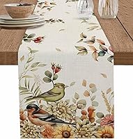 Vista 10 de Fall Birds Camino de mesa de eucalipto de 36 pulgadas de largo y algodón y lino, bufandas de tocador, bufandas de tocador, hojas rústicas vintage