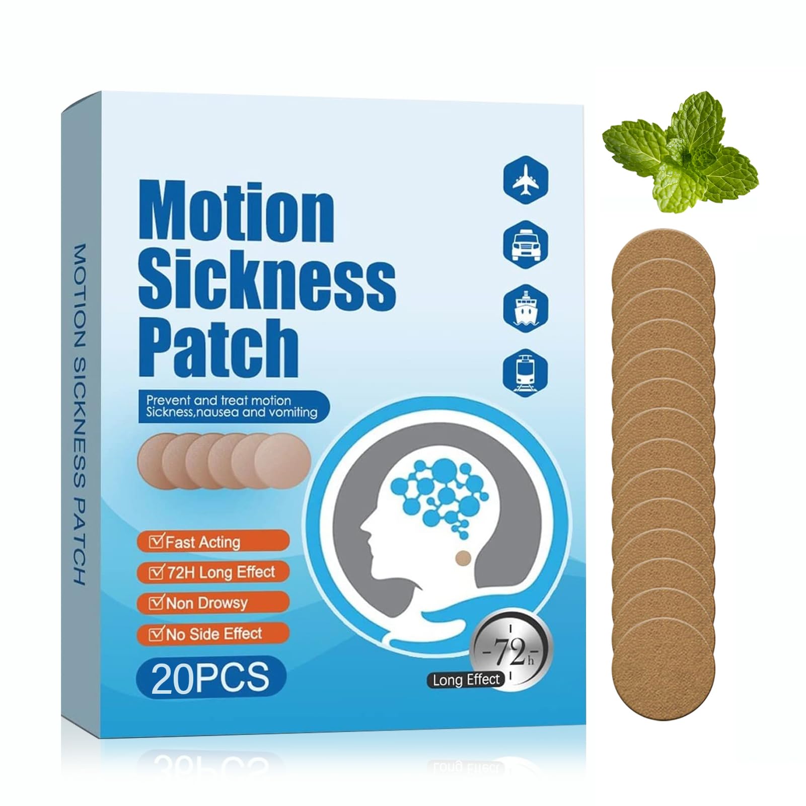 (2026 New) Motion Sickness Patches Non-Drowsy, 100% Natural Motion Sickness Patch(Efficient– Lasts 72 Hours)-for Car Airplane Ship Altitude Sickness(Travel Essentials)-for Adults and Kids(20 Count)