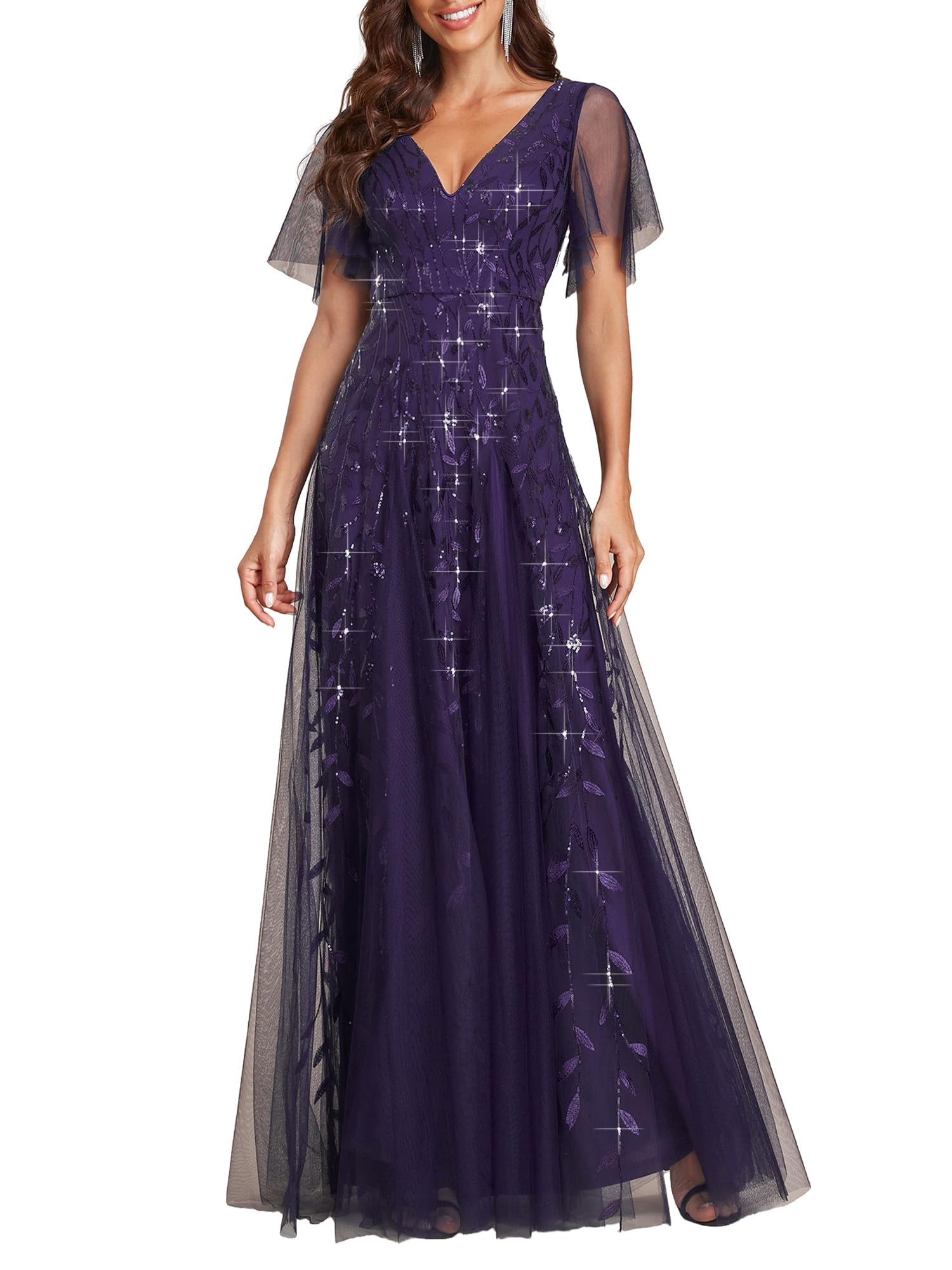 Ever-Pretty Robes de Soir e Femmes Longues Manches Volants Tulle Paillettes de Feuilles Col V Chic Bordeaux 36