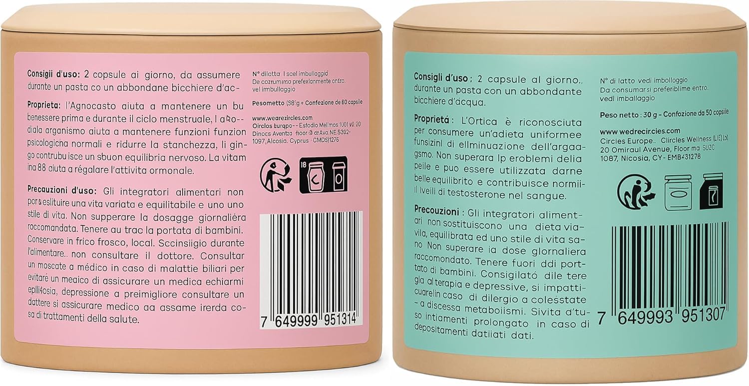 Circles CLEAR + BALANCE Duo Donna - Acne Ormonale & Equilibrio Ormonale - Zinco + Magnesio Bisglicinato + Agnocasto Bardana Rodiola - Post-Pillola SPM Ciclo Femminile - 120 Capsule Vegan Francia