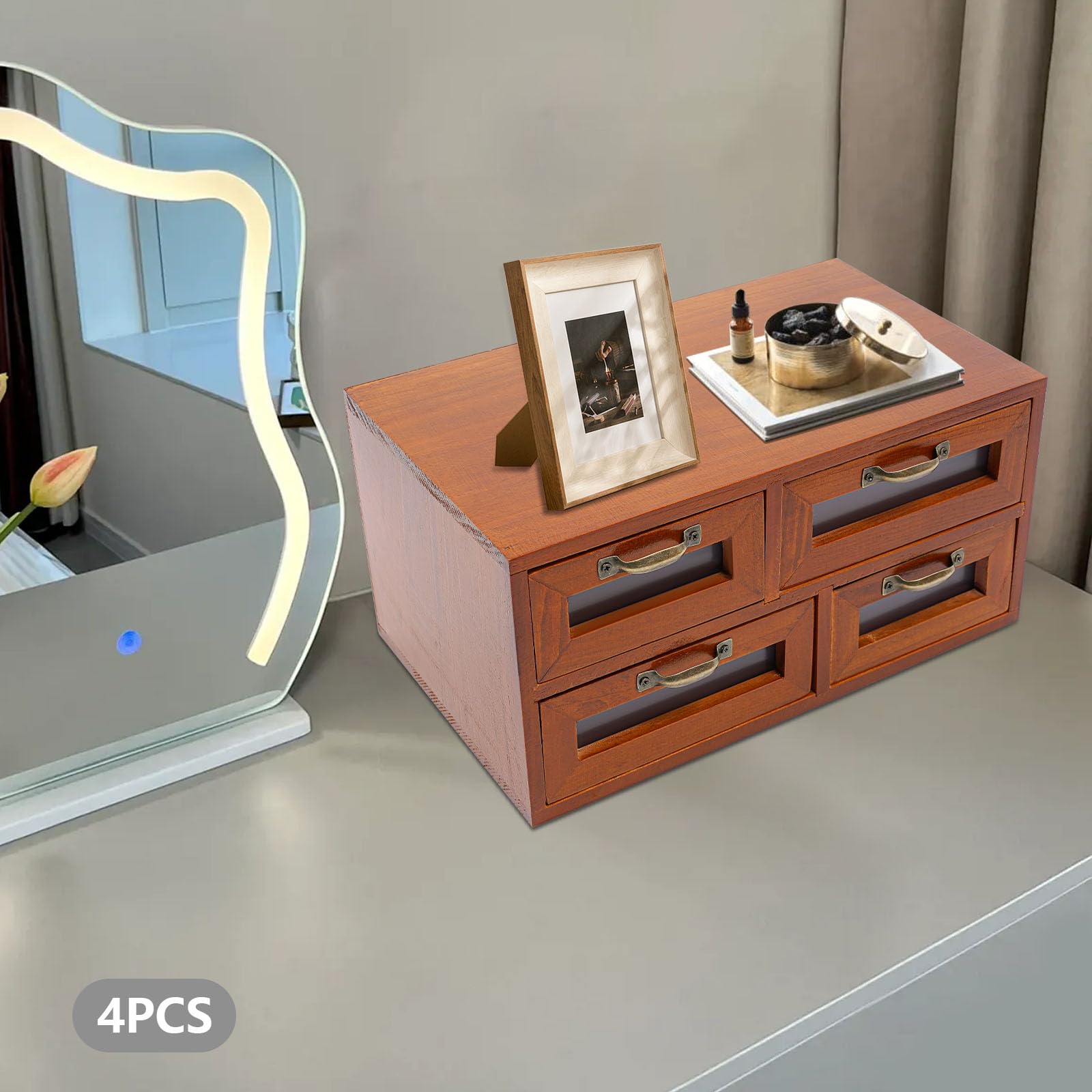 4er-Set Schubladen Holz Schreibtisch-Schubladen-Organizer Mini Kommode mit Schubladen Vintage Schubladenschrank für Schlafzimmer, Büros, Wohnzimmer