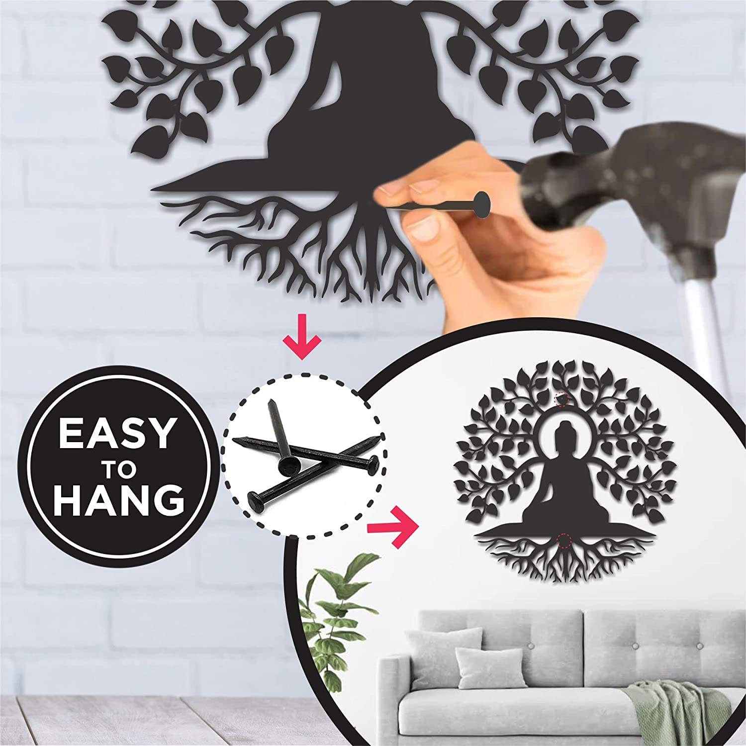 Tree Of Life & Buddha Metal Wall Art – Meditation Yoga Decor, Hindu Spiritual Wall Hanging (Silver, 28x28 Inch) - View #2