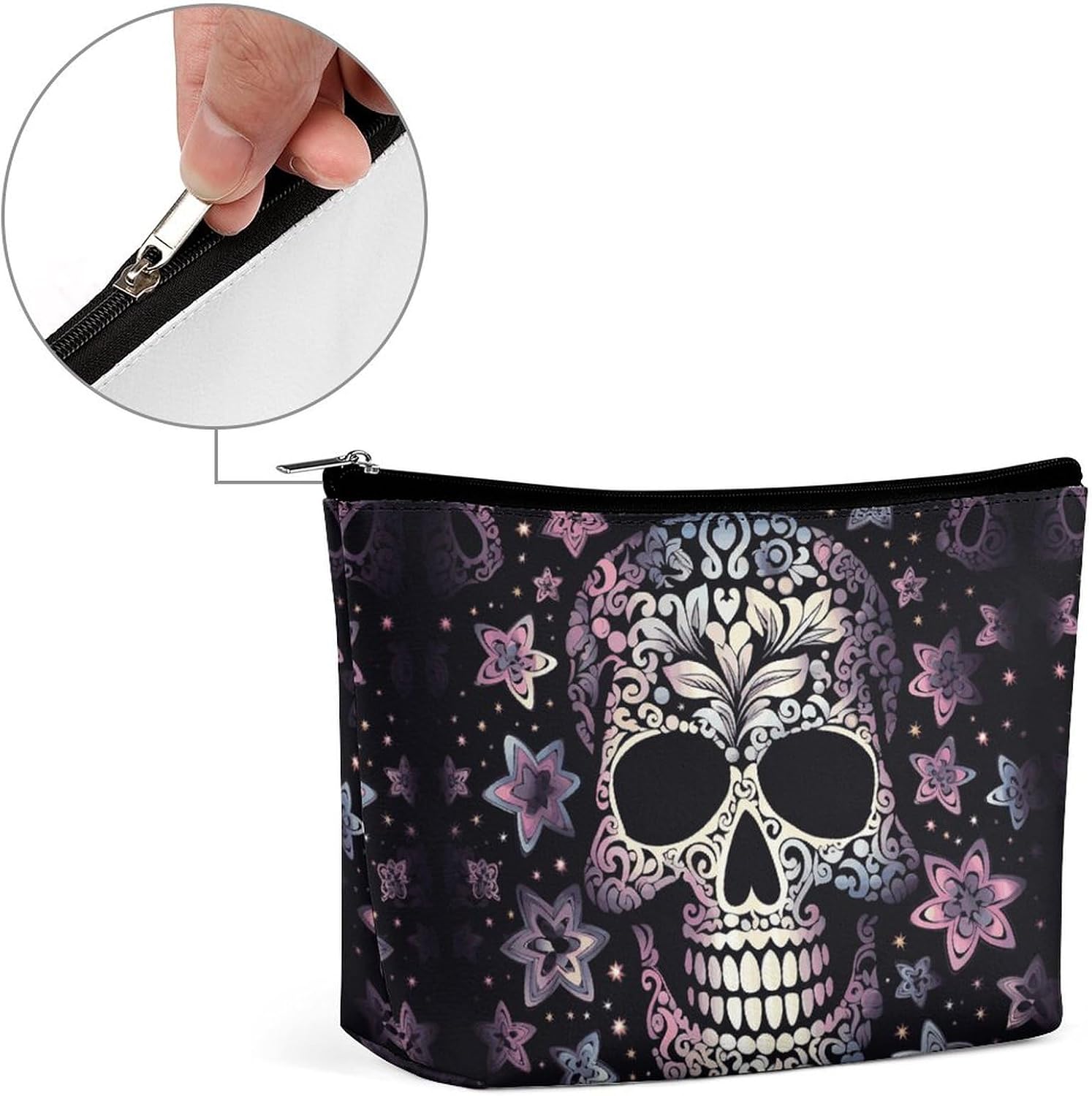 Large Capacity PU Leather Toiletry Bag,Cool Skull Printed Portable Toiletry Bag Women's Travel Storage Bag Cosmetic Storage Bag for Travel Vacation Bathroom Dating Party image 4