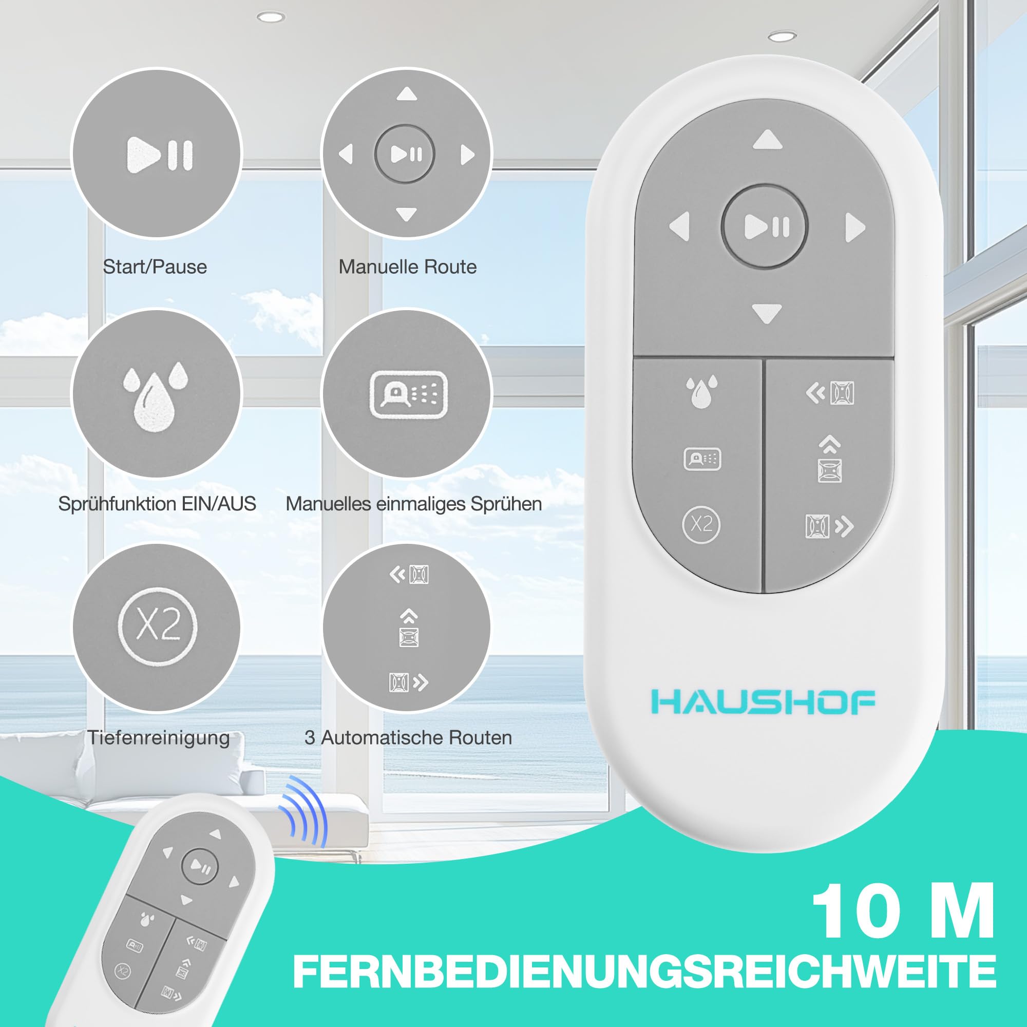HAUSHOF Fensterputzroboter, Elektrischer Fensterputzer mit 3800Pa Saugkraft | Automatischer Fensterreiniger, 3 Reinigungsmodi, Doppelwassertank, Intelligente Pfadplanung, 10 m Fernbedienung für Fenster