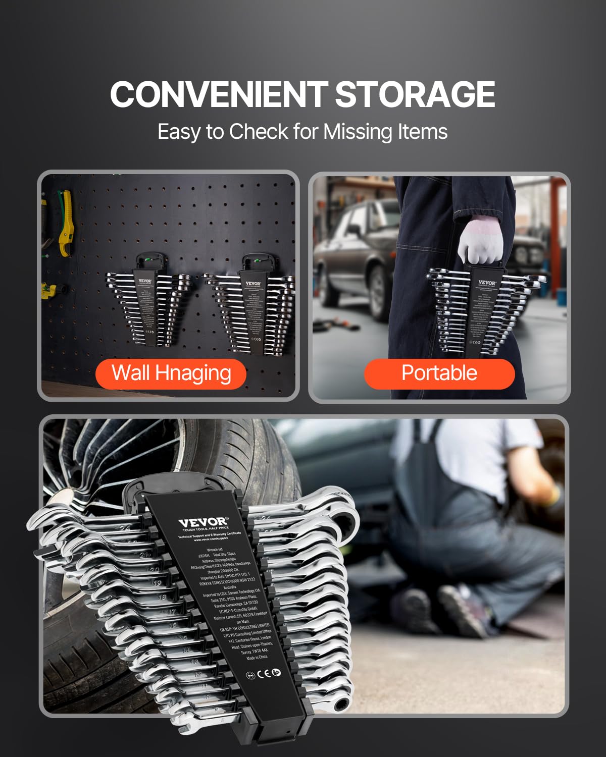 VEVOR Set di Chiavi Combinate da 16 Pezzi, Set di Chiavi a Cricchetto con Organizzatore per Rack, Set di Chiavi in ​​Acciaio Cr-V Metrico da 8 mm a 24 mm, per Casa, Garage, Officina, Riparazioni Auto