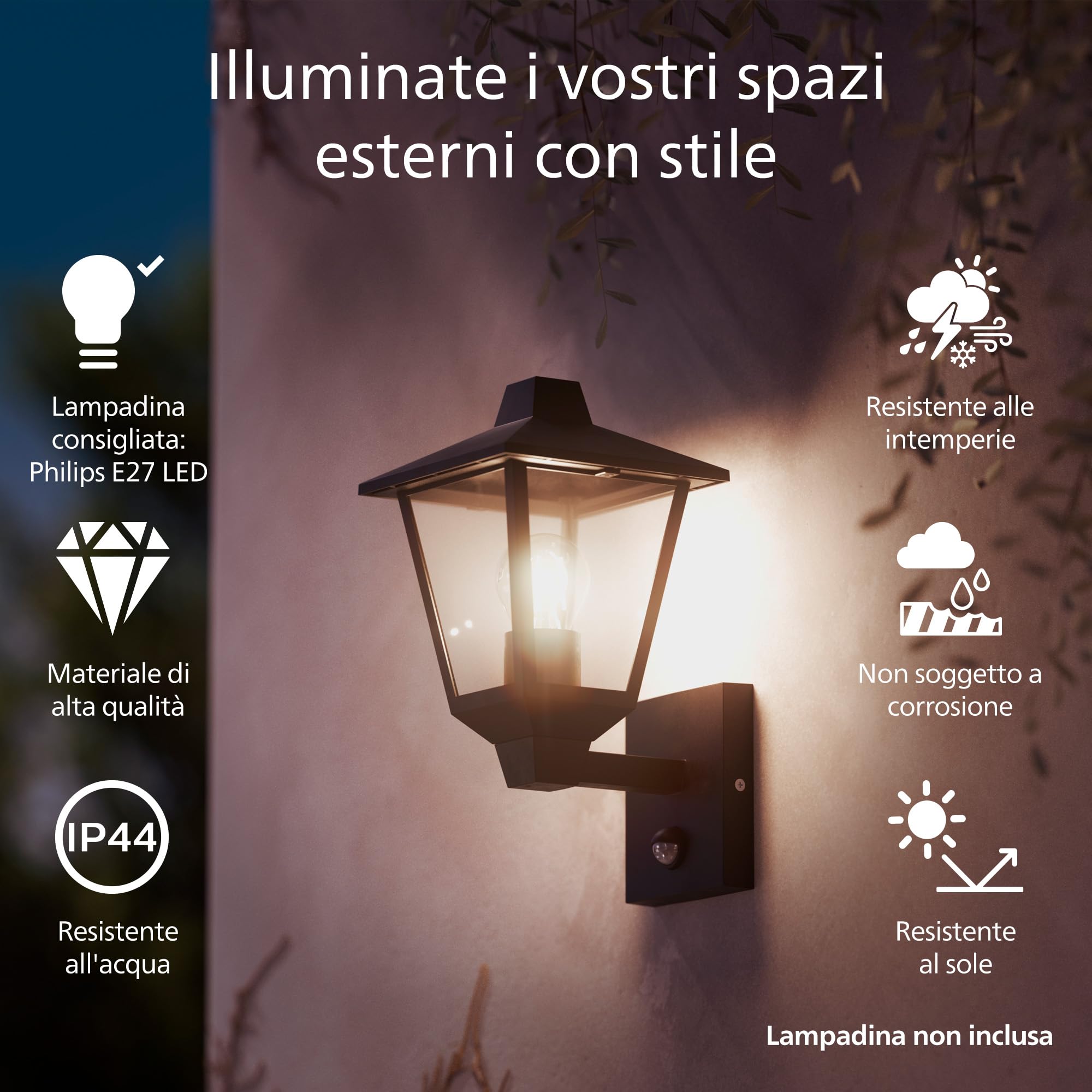 PHILIPS Kinno, Lampada da parete, per Esterni, con Sensore di Movimento, Max 25W, Attacco E27, Nero