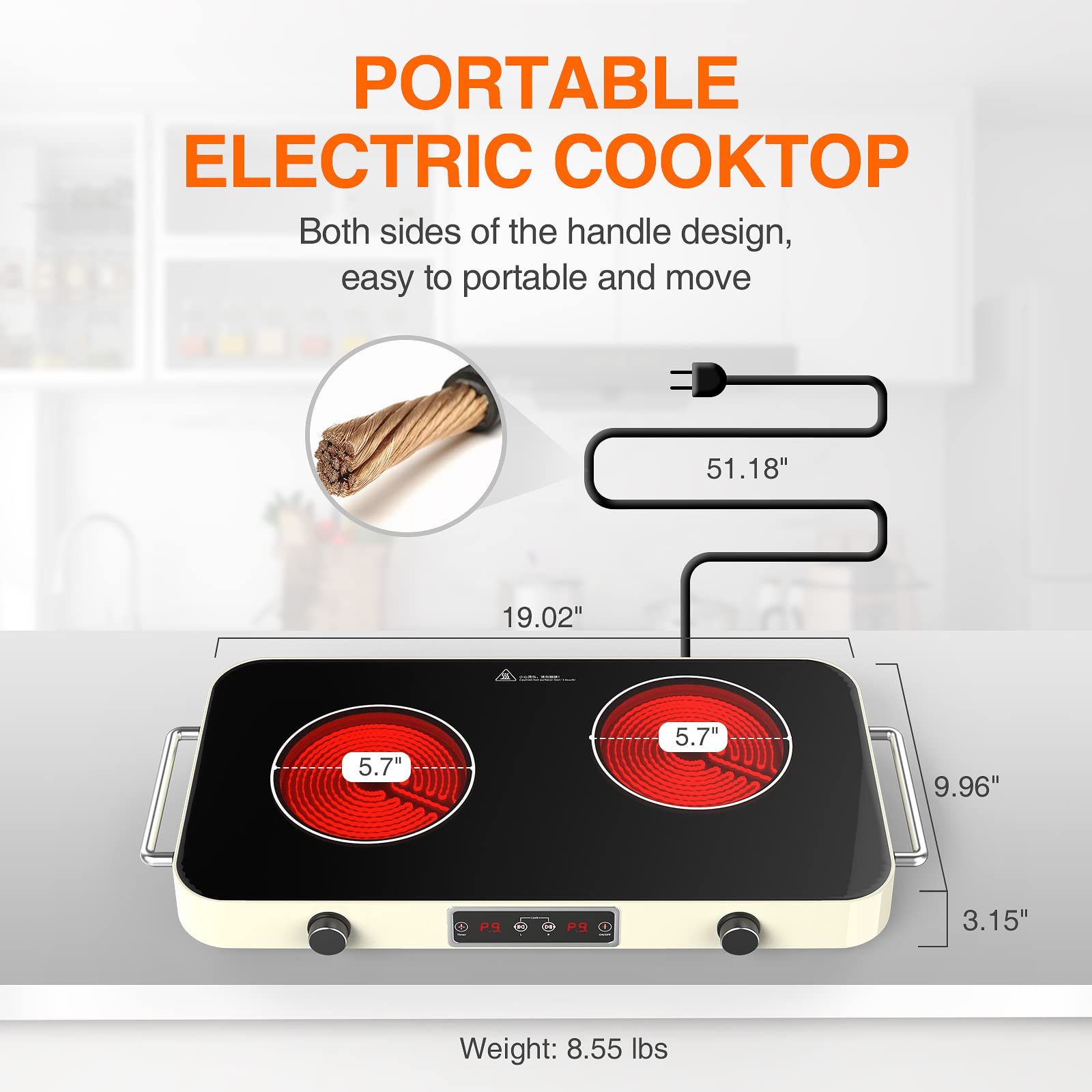 Placa Inducción 2 Fuegos, Placa de Inducción Doble con Control Independiente, Vitro Induccion 3600W, 10 Niveles, Control Táctil, Temporizador y Bloqueo para Niños, Calefacción Rápida