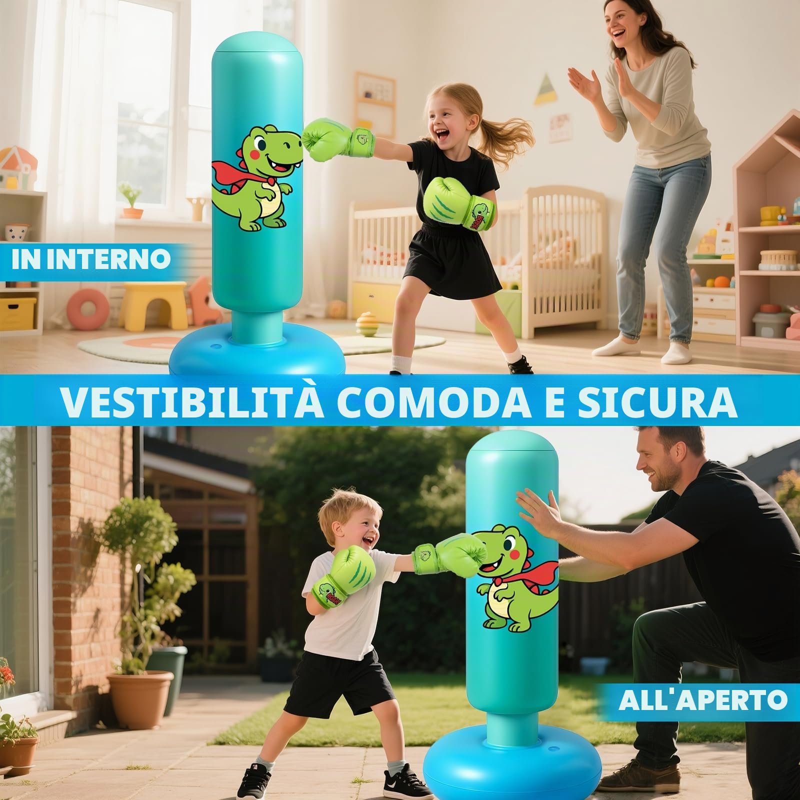 Sacco da Boxe per Bambini, 120cm Sacco da Boxe da Terra con Guantoni per Bambino da 3 a 8 Anni per Karate e Taekwondo, Regalo per Bambini