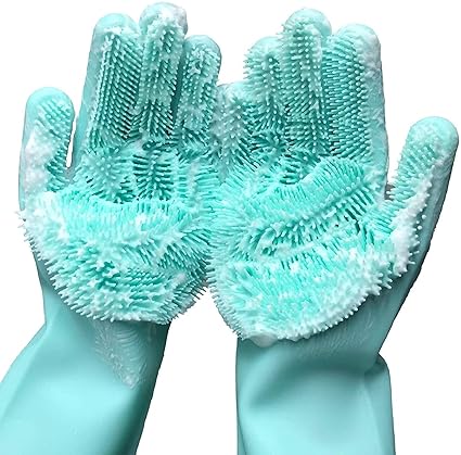 Reusable Silicone Dishwashing Gloves, Rubber Scrubbing Gloves for Dishes,Wash Cleaning Brush with Sponge Scrubbers for Housework, Kitchen, Car, Window cleaning. 1Pair (13.6