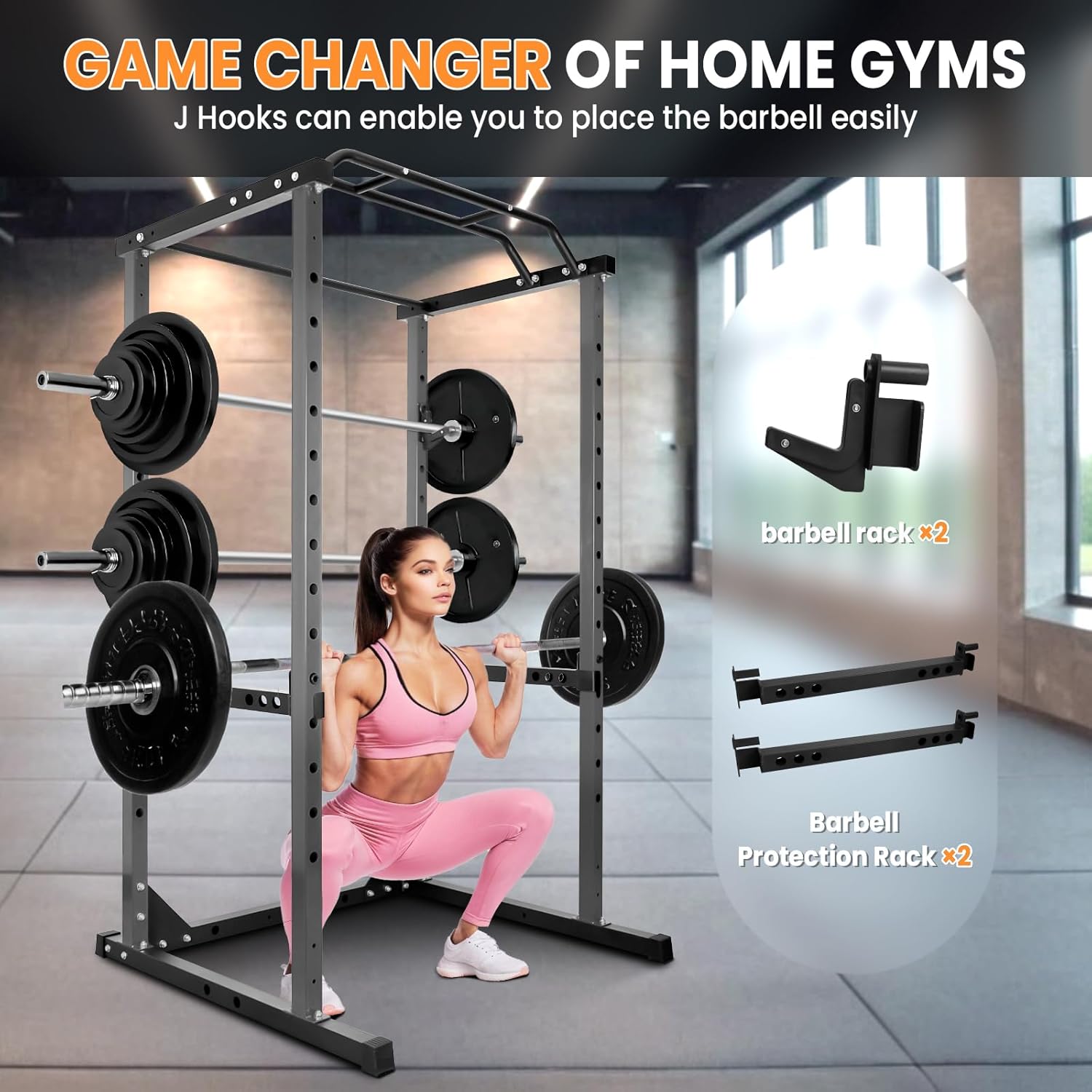 1200 Pound Power Cage, Stainless Steel Power Rack, Squat Rack with Adjustable Barbell Protection and J-Hook, Professional Version of Power Racks for Home Gym with More Accessories (Black)