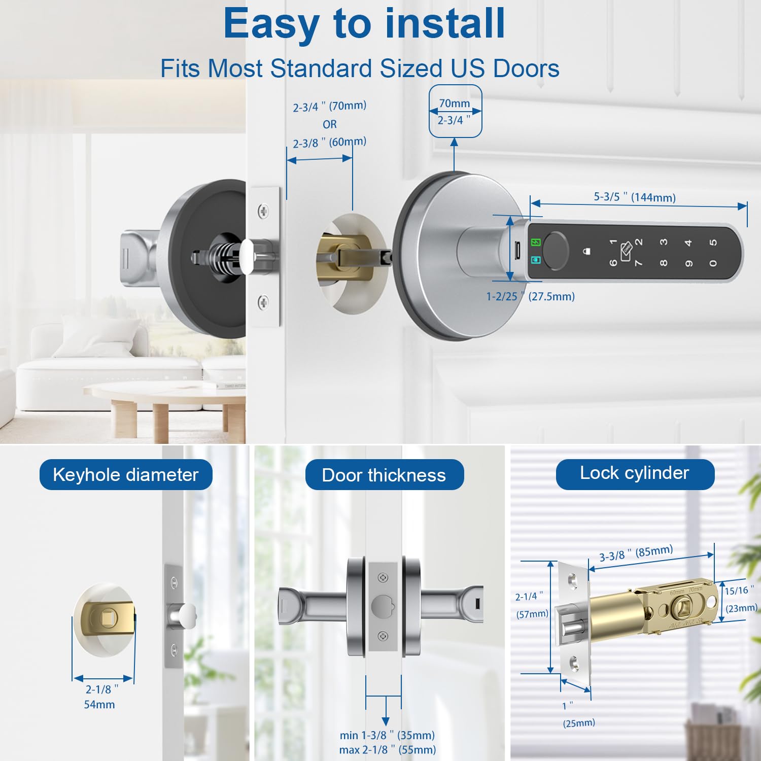 Fingerabdruck-Türschloss, Fingerabdruck-Türknäufe Daumenabdruck Türknauf mit App-Steuerung/Fingerabdruck/IC-Karten/Codes/Schlüssel, Smart Lock für Schlafzimmer Home Apartment Grau