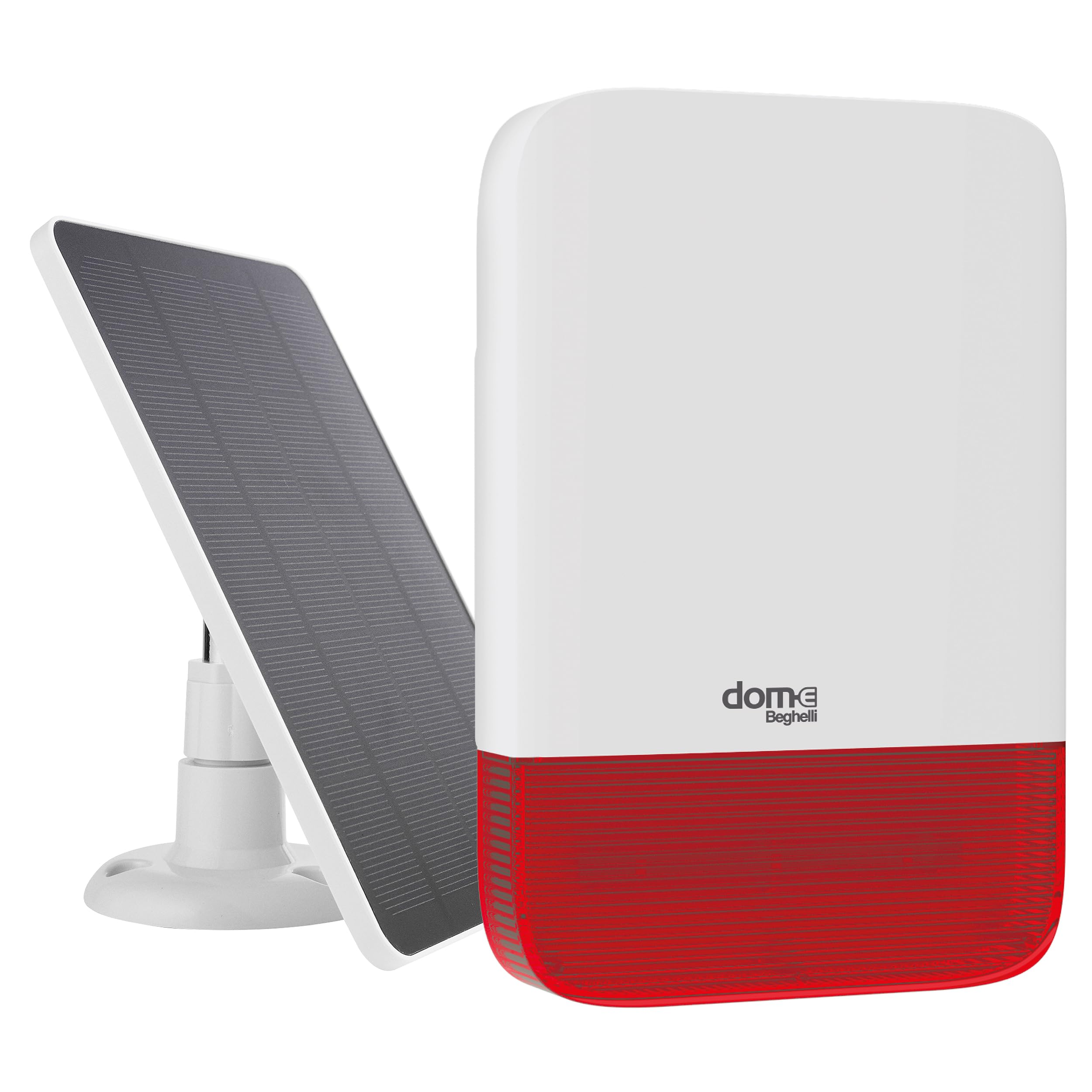 Beghelli - Dom-en, bezprzewodowa syrena zewnętrzna, zasilanie słoneczne 10 W i sieć 230 V, technologia LoRa, do centralnego Dom-e Cod. 60105, IP65, sygnalizacja świetlna i dźwiękowa