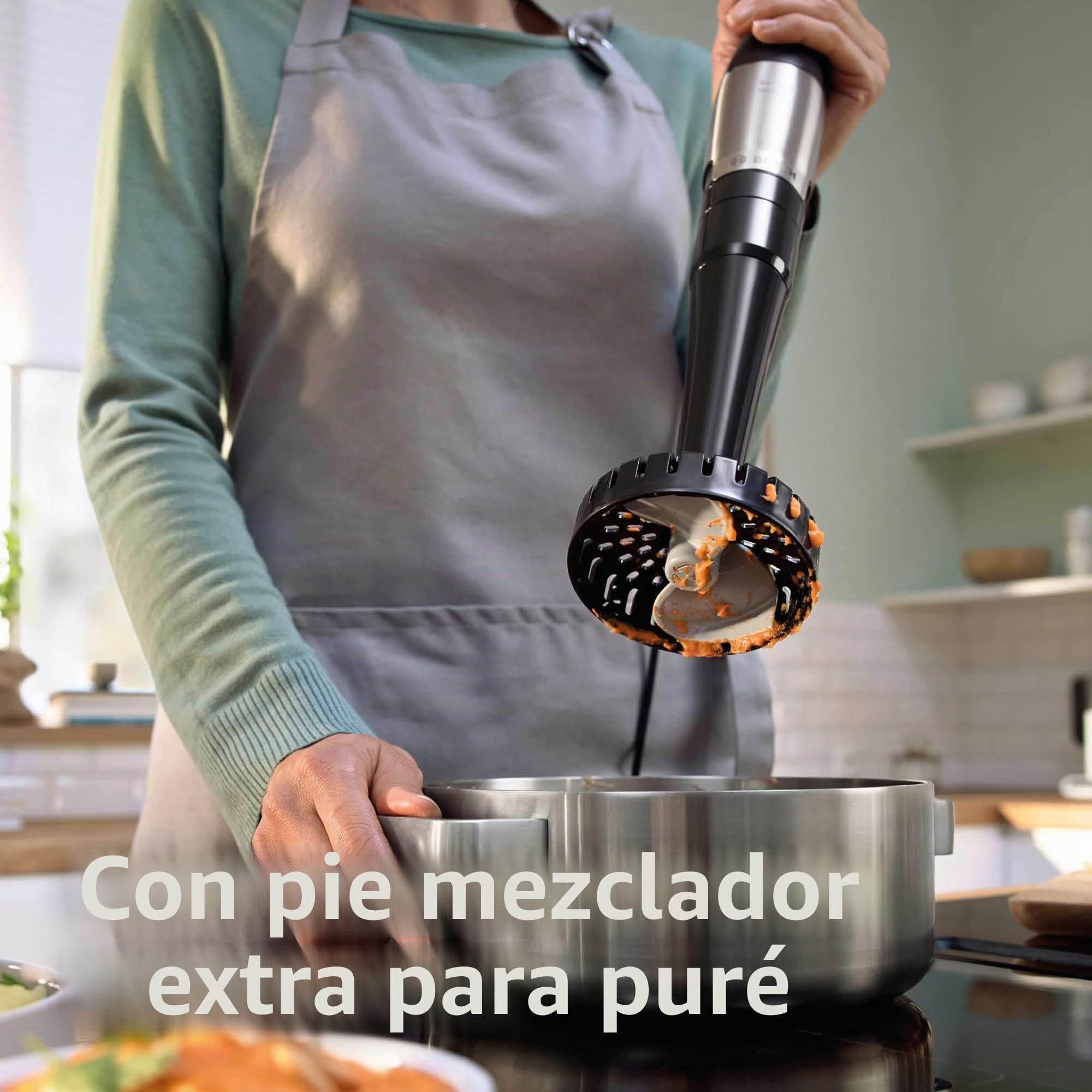 Bosch MSM6M673 ErgoMaster - Batidora de inmersión serie 6, mini picadora, prensa puré, cuenco multifunción y 4 otros accesorios incluidos, sistema de mezcla QuattroBlade System Pro,1000 vatios, plata