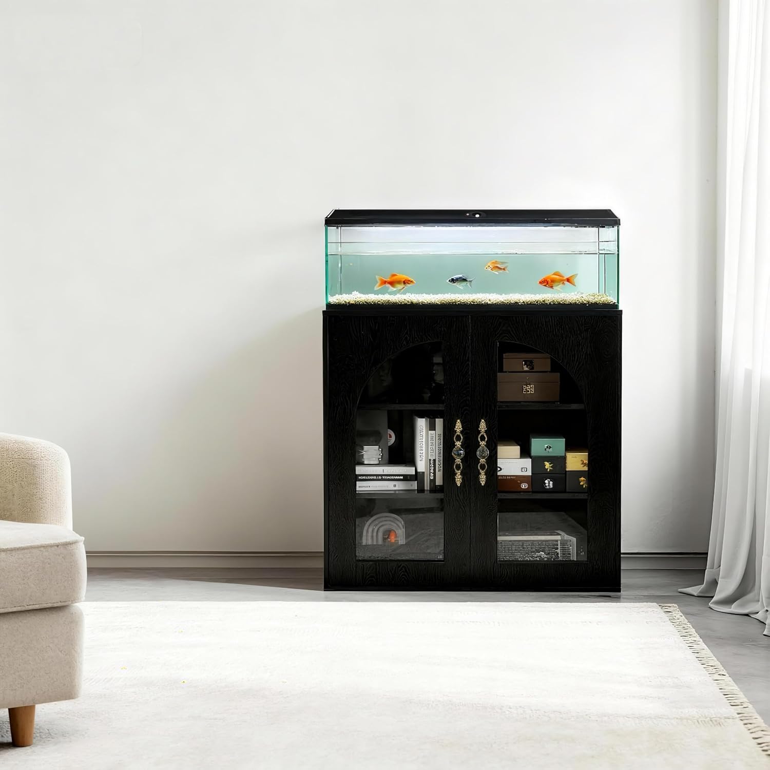 20-29 Gallon Fish Tank Stand with Adjustable Shelves, Glass Door Aquarium Stand with Storage Cabinet, 31"x15" Reptile Terrarium Stand with Bronzed Metal Handles, Level Footings, 180 Lbs