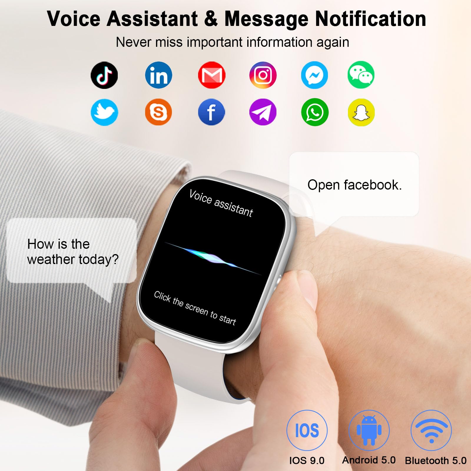 Smartwatch Uomo Donna, 1.91" Orologio Fitness con Effettua/Risposta Chiamate, 110+ Sportive Fitness Tracker, Sonno Cardiofrequenzimetro, Contapassi/Calorie/Impermeabil IP68 Smart Watch, Argento-Beige