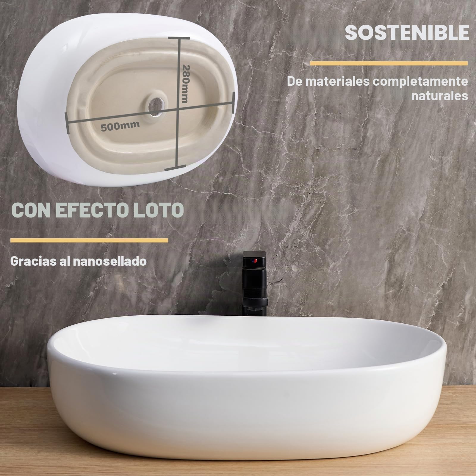 Lavabo ovalado de, 60 x 40 x 15 cm, para baño y aseo de invitados, sin grifo ni rebosadero, color blanco (blanco, 60 x 40 x 15 cm)
