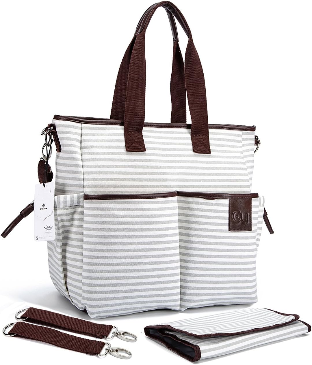 Diaper Bag - Stylish Designer Baby Canvas Messenger Bags - Weekender Tote With Zipper Organizer By HYBLOM - Fashion Cute Nappy Striped Handbag For Moms - Changing Pad, Shoulder & Stroller Straps