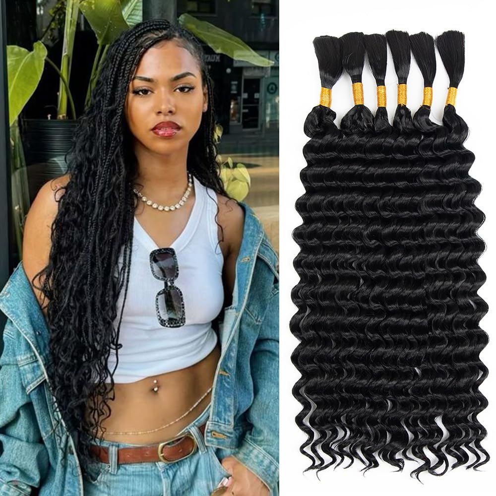 Cabello ondulado profundo a granel para trenzar de 18 pulgadas, 6 paquetes de 7.05 oz, cabello trenzado rizado negro natural para trenzas bohemias, sin trama, extensiones de cabello trenzado húmedo y