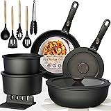 Astercook Non Stick RV Pots and Pans Ceramic Kitchen Cookware Set with Detachable/Removable Handle, Oven Safe, Induction Ready, Stackable, Black, 21 pcs