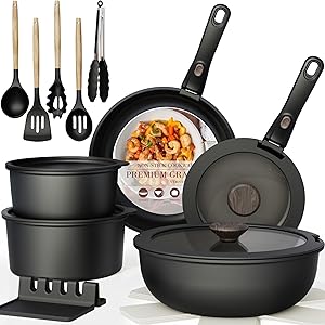 Astercook Non Stick RV Pots and Pans Ceramic Kitchen Cookware Set with Detachable/Removable Handle, Oven Safe, Induction Ready, Stackable, Black, 21 pcs