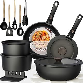 Astercook 21-Piece Non-Stick Ceramic Cookware Set with Removable Handles - Oven Safe, Induction Ready, Stackable Black Pots & Pans for RV Kitchen