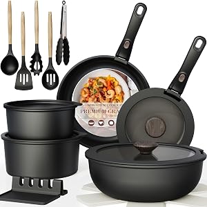 Juego de Ollas y Sartenes Astercook 21 Piezas Antiadherente, Set de Cocina de Cerámica con Mango Desmontable, Apto para RV, Horno e Inducción, Apilable, Negro