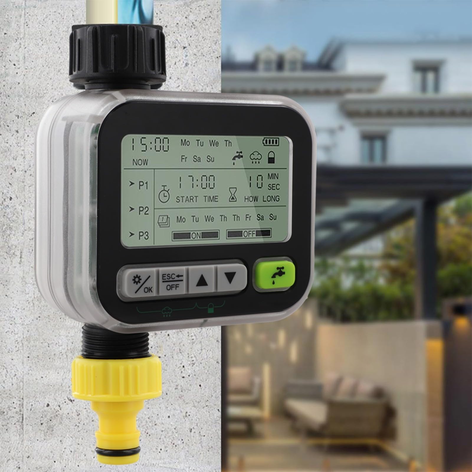 Rain Adaptive Hose Timer Specchio Display LCD Controller di irrigazione intelligente Blocco bambini Sensore pioggia IPX5 Programma di irrigazione flessibile Facile da usare Nero Trasparente 10,5 x 16