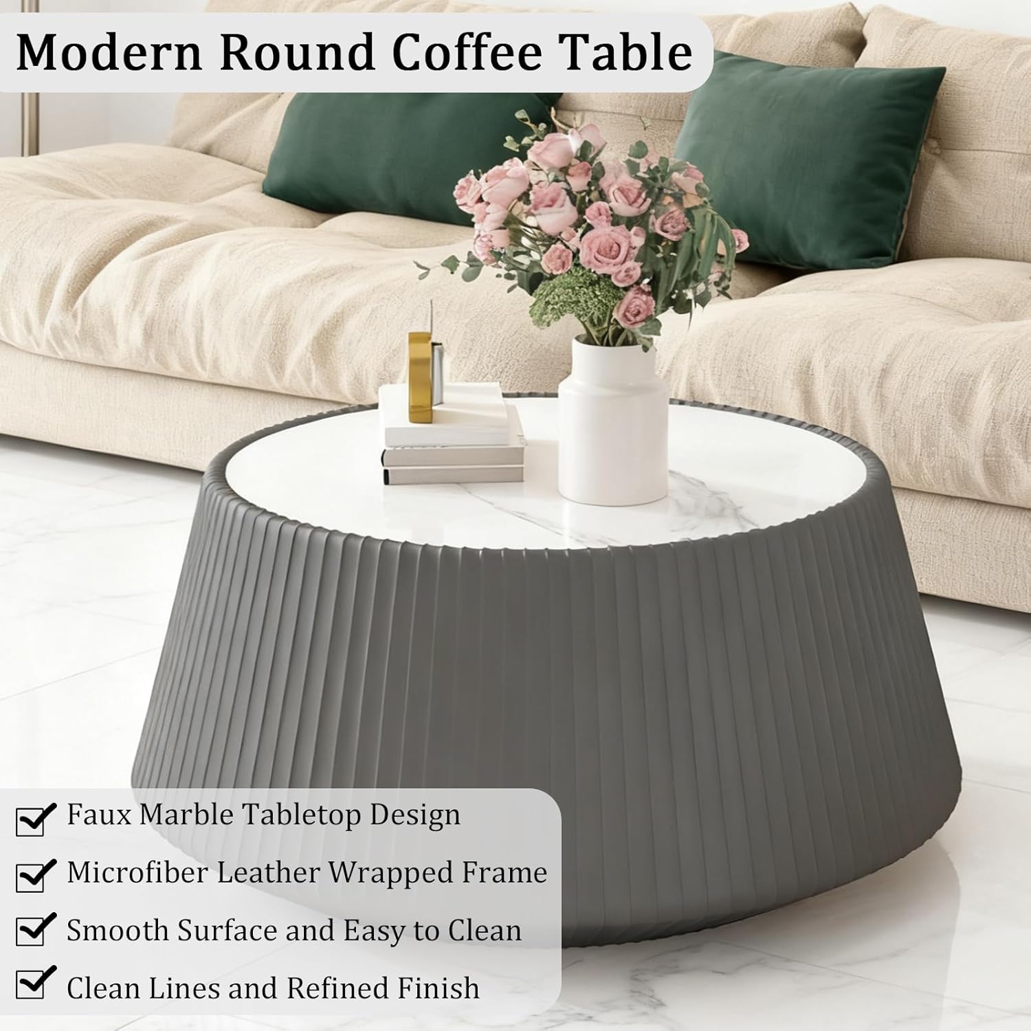 Round Living Room Table Set, 26.77" Grey Drum Center Table and 19.68" White Coffee Table Set, 2 Pieces Coffee Table Set with Sintered Stone Tabletop, Fluted PU Leather Covered and Stable Base