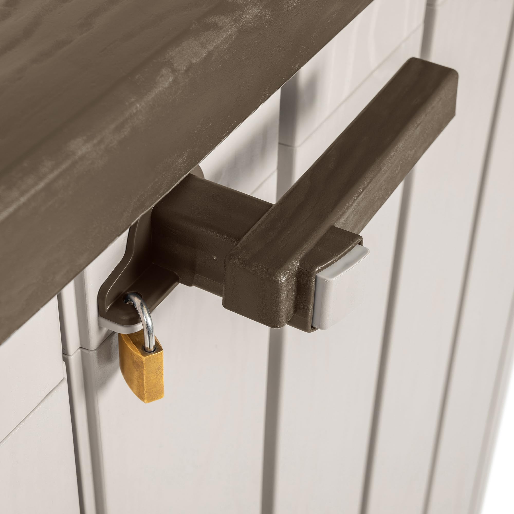 Toomax Storer Plus XL Baule da 1270L portattrezzi giardino, 145x85x124,5h cm effetto legno grigio talpa/marrone, porta bidoni spazzatura con coperchio assistito, resistente ai raggi UV, per esterni