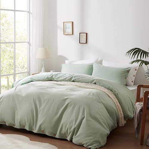 Miniatura 2 de SunStyle Home - Juego de funda de edredón de 100 % algodón lavado, de color sólido, suave juego de 23 piezas de ropa de cama transpirable, con