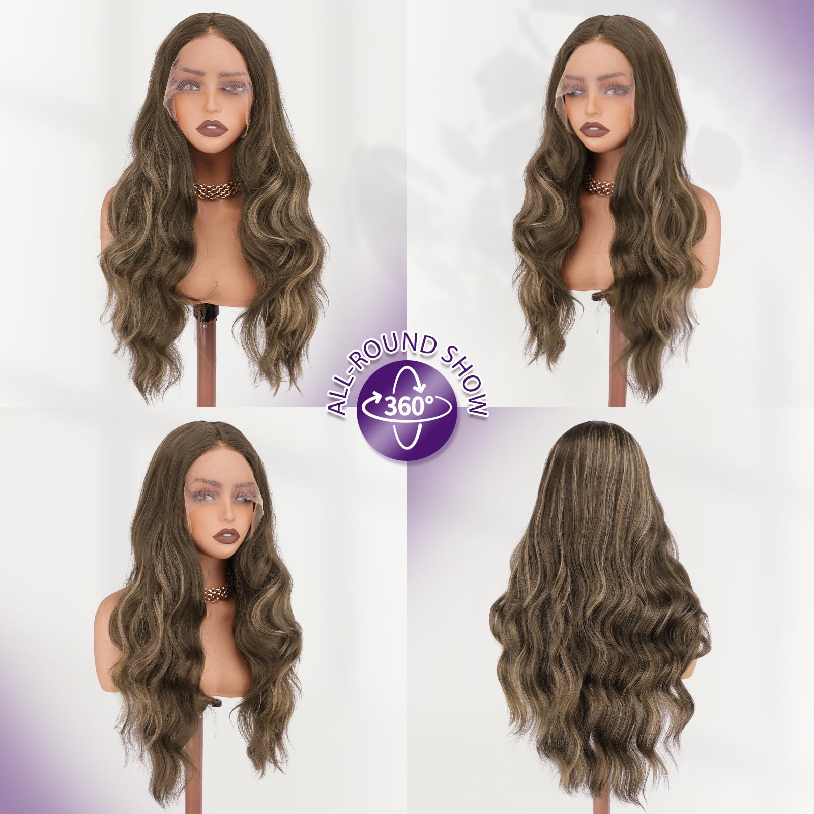 FESHFEN Parrucca Lace Front Senza Colla Lunghe Ondulate HD Lace Marrone Misto Biondo 70 cm