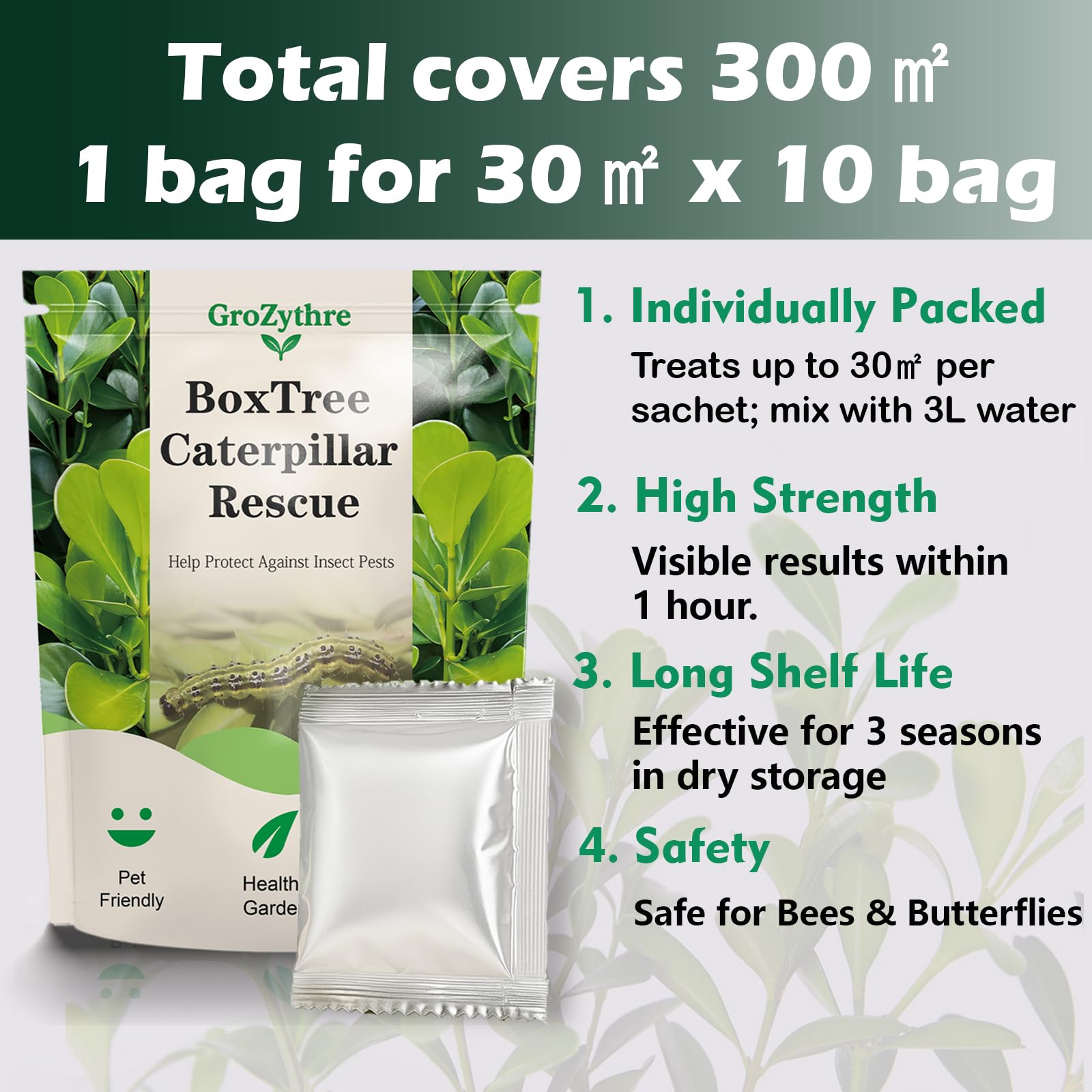 Box Tree Caterpillar Treatment –10 x 5g Packs, 300㎡ Total Coverage – Individually Wrapped,Safe for Bees & Birds, Supports Healthy Buxus Hedges — view 2