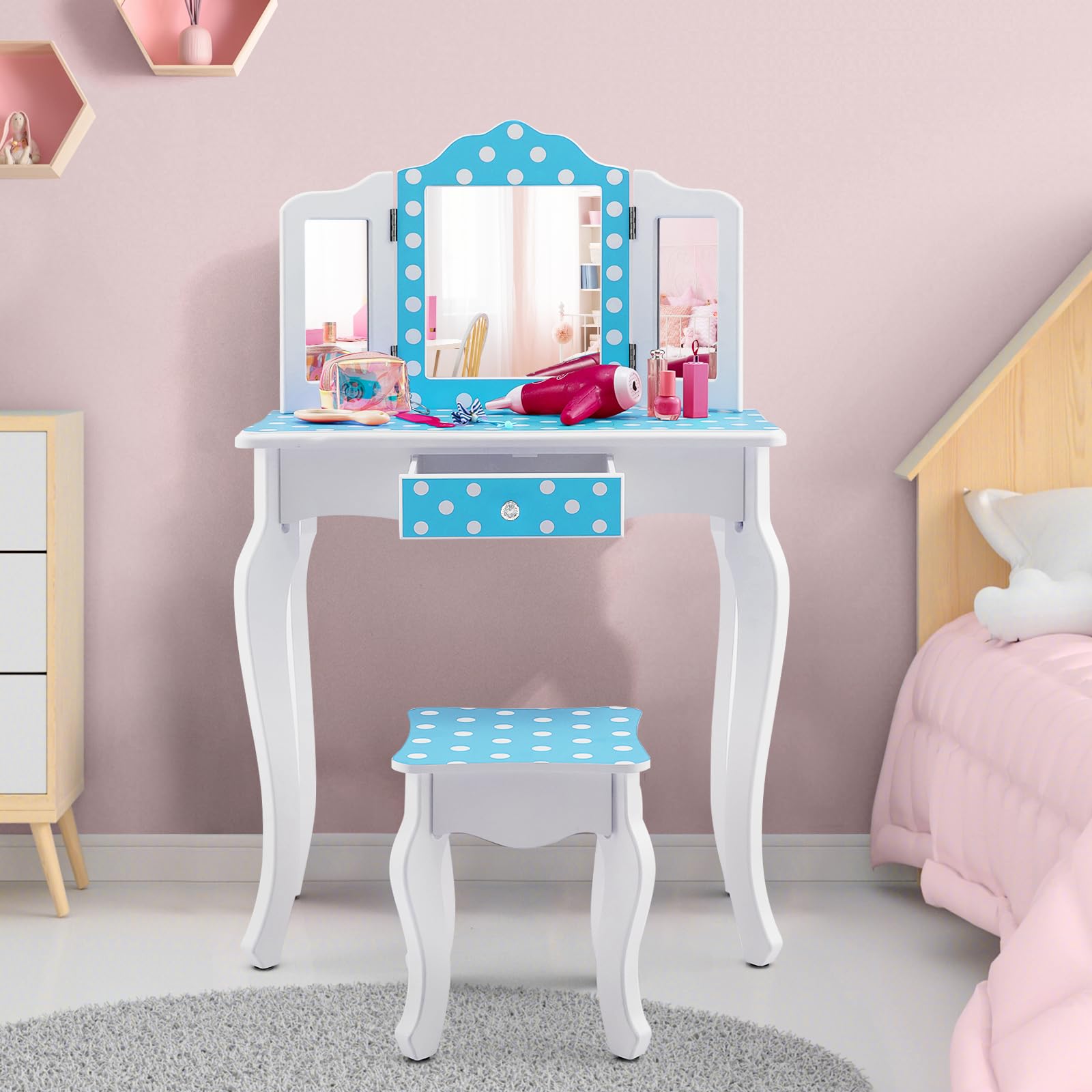 DREAMADE 2 in 1 Schminktisch Kinder mit Hocker und Abnehmbarer Spiegel, Prinzessin Frisiertisch mit Schublade Kosmetiktisch aus Holz, Kinderschminktisch für mädchen (Pünktchenmuster-Blau)