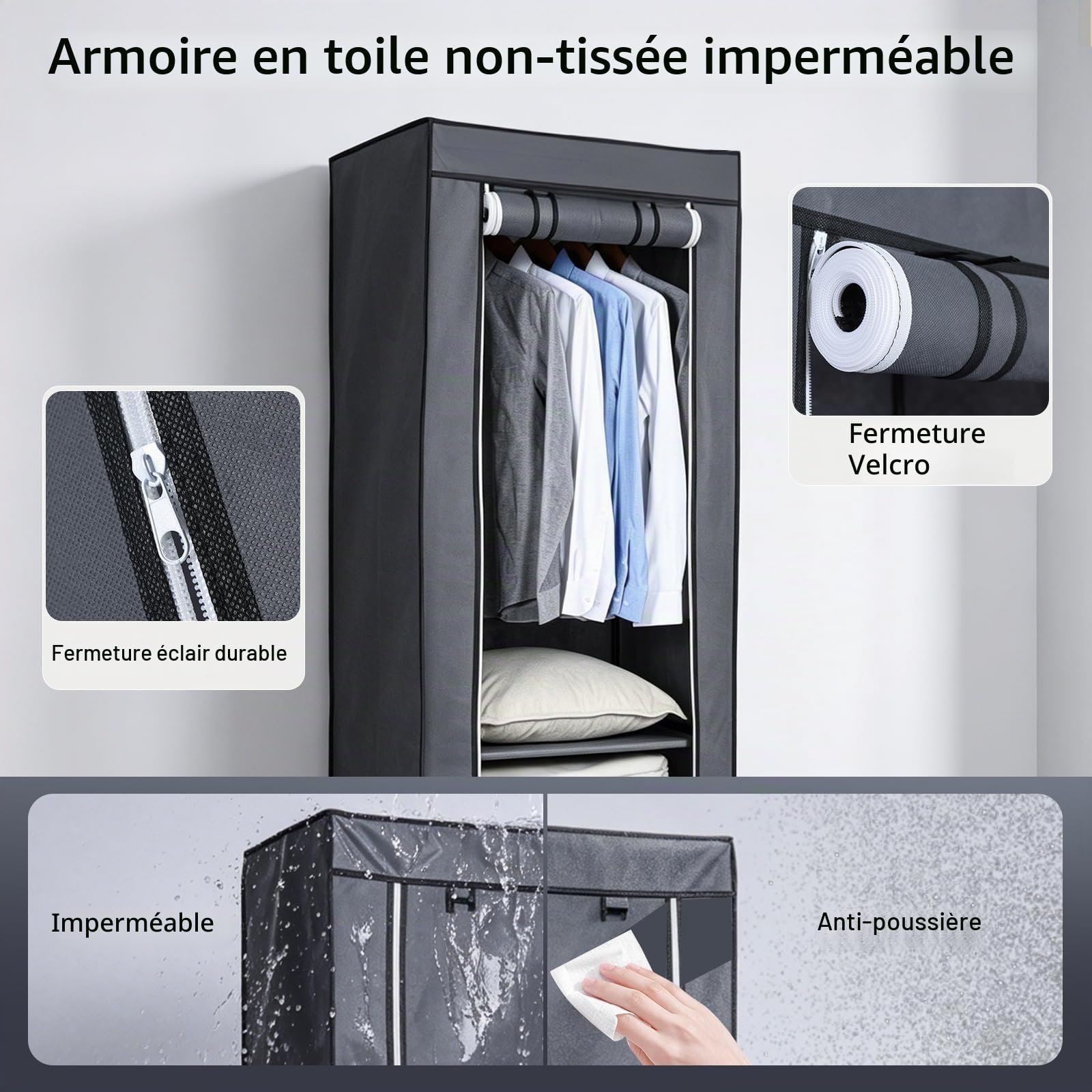 Hododou Armoire portable en toile avec 2 tiroirs et rail de suspension pliable pour vêtements, sacs, jouets, chaussures, salon, chambre à coucher (160 x 59 x 43 cm, gris)