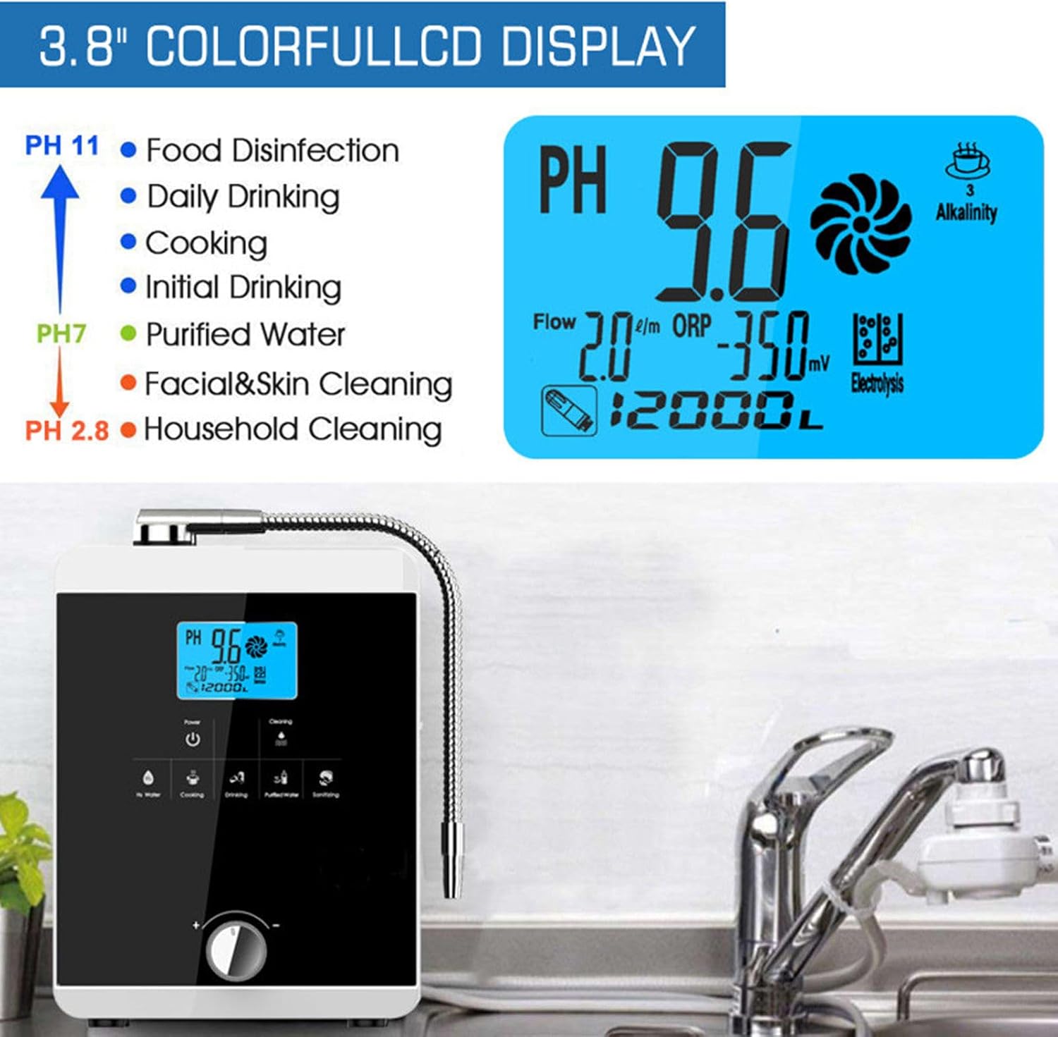 Water Purifier Machine Water Ionizer ORP+500 to -800 PH 2.8-11 Home Alkaline Water Filtration System,5 Water Settings/Instant heating 58°C/12,000 Liters Per Filter/Auto-Cleaning/Intelligent Voice