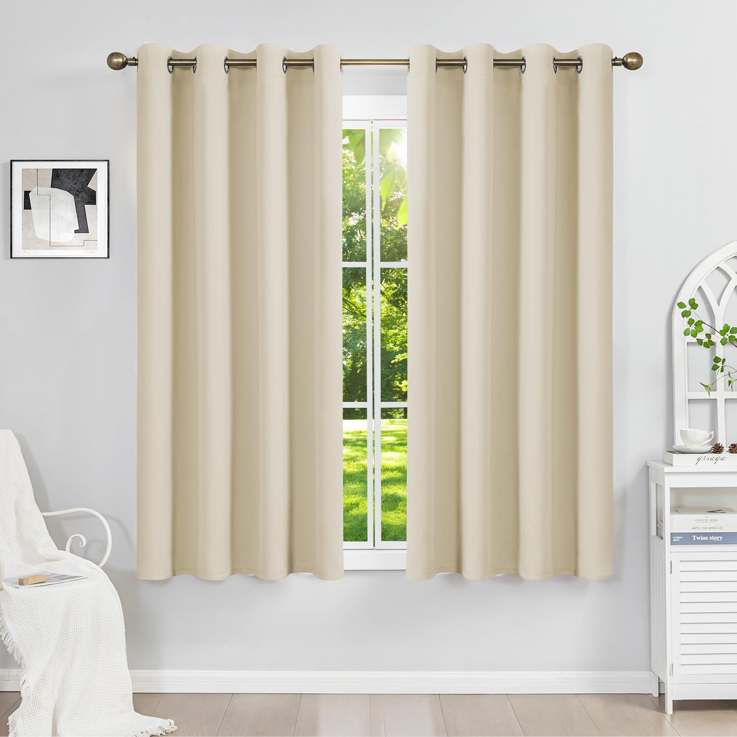 Runyéla Blackout Curtains for Bedroom Eyelet 46 x 54 Inch Drop Thermal Black Out Curtain for Living Room Kitchen, 2 Panels, Light Beige