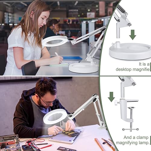 Miniatura 5 de 10 lupas con luz y soporte, botón de actualización, 5 modos de color regulables, luz LED 2 en 1, lámpara de escritorio manos libres con abrazadera