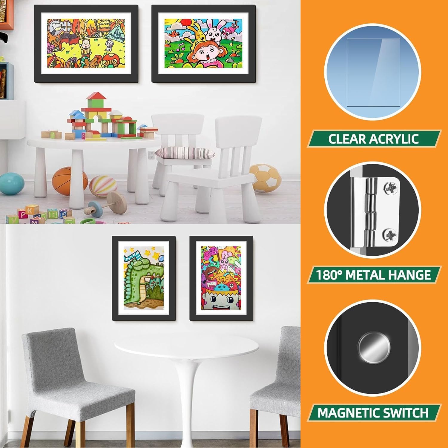 8 Pack Kids Art Frames 8.5x11 Inch Kids Artwork Flip Frame Changeable for Picture Display, Children School Drawing Projects Storage, Horizontally Vertically Wall Hanging, Front Opening, Black image 5