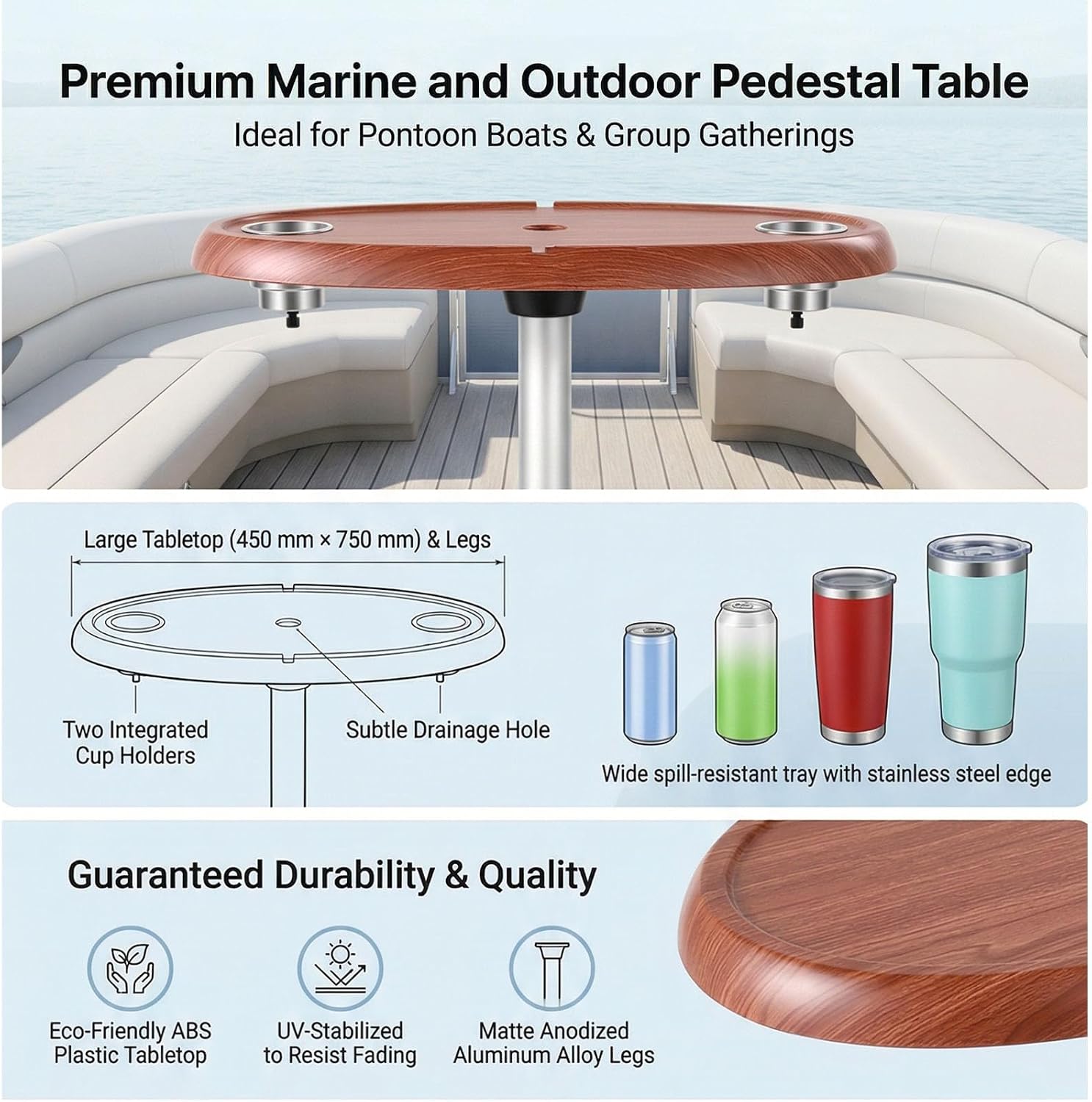 Haofy Pontoon Boat Table 29.5x17.7 Inch Detachable Marine Table with 2 Cup Holders Stainless Steel Rim 450 x 750mm for RV Yacht Outdoor Party Cocktail Dining