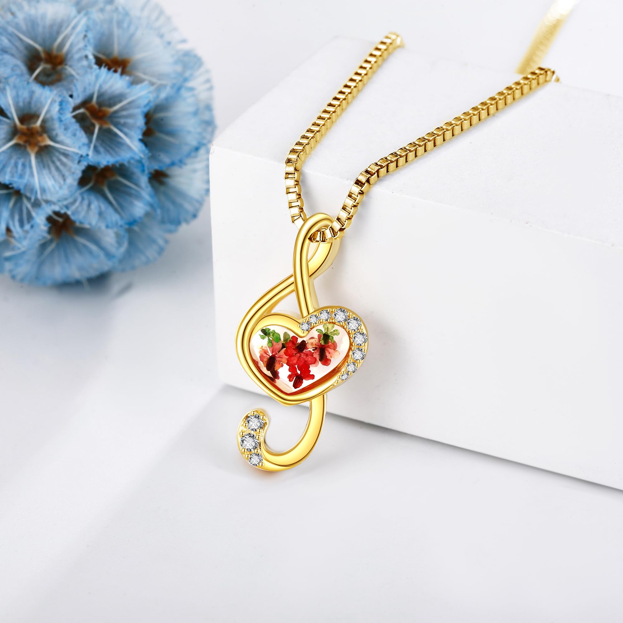 URONE Collana con note musicali in argento Sterling pressato, con fiori secchi, regalo per donne e amanti della musica, Argento sterling