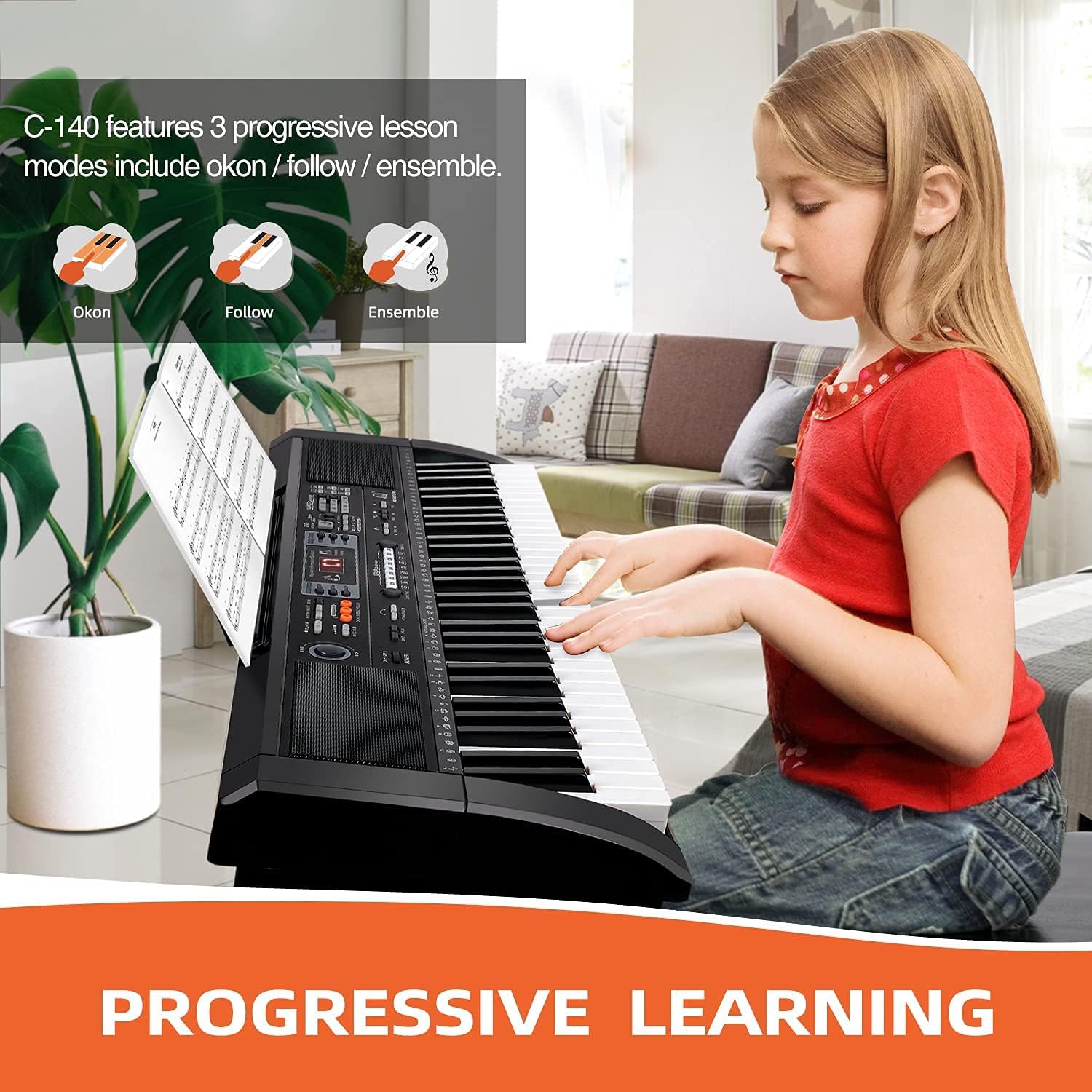 Souidmy C-140 Beginner Piano Keyboard, Full-size 61 Key Electric Keyboard, with Bluetooth, Keyboard Split Function and 3 Lesson Modes, Package included Microphone and Power Supply