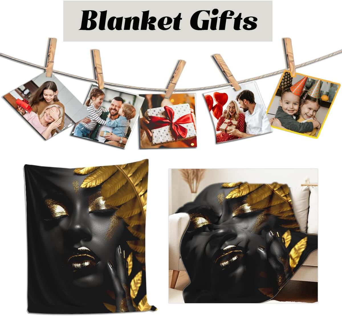 African American Woman Blanket Throw Black Gold Print Flannel Blanket Gifts for Girls Female Women African American Couch Bed Living Room Home Decor 49"x59"