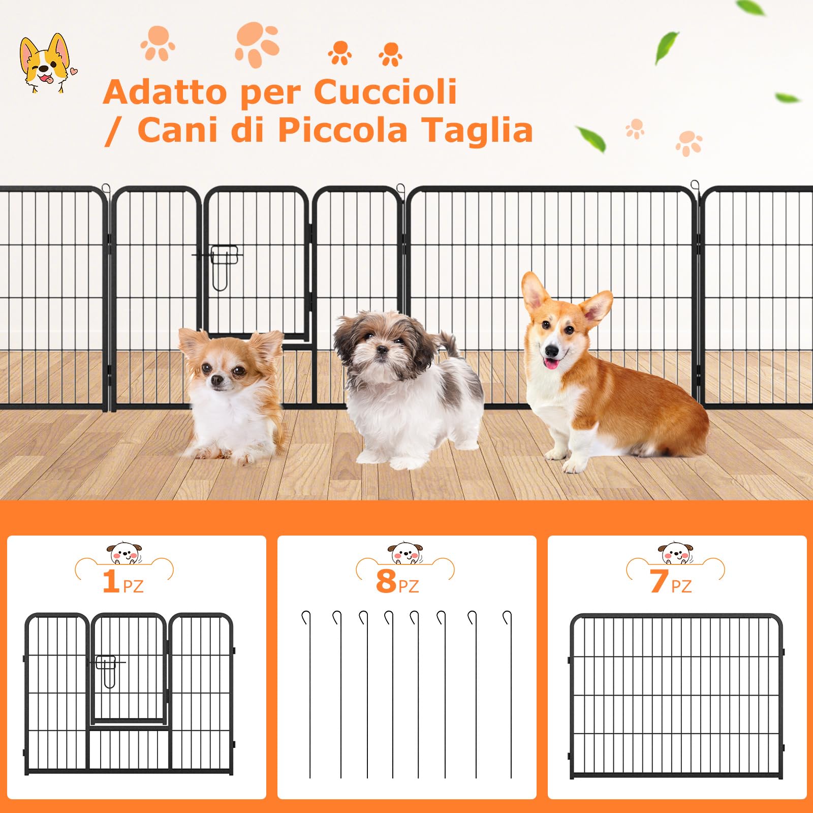 COSTWAY Recinto per Cani Interno ed Esterno, 8 Pannelli Altezza 60 CM Recinzione per Piccoli/Medi Animali/Coniglio/Gatto, Cancelletto Portatile Pieghevole con Porta (190 x 60 cm)
