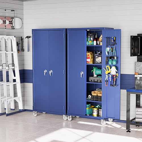 Miniatura 7 de VINGLI Armario de almacenamiento alto de metal con puertas de bloqueo y 4 estantes ajustables, armario de almacenamiento móvil azul marino con