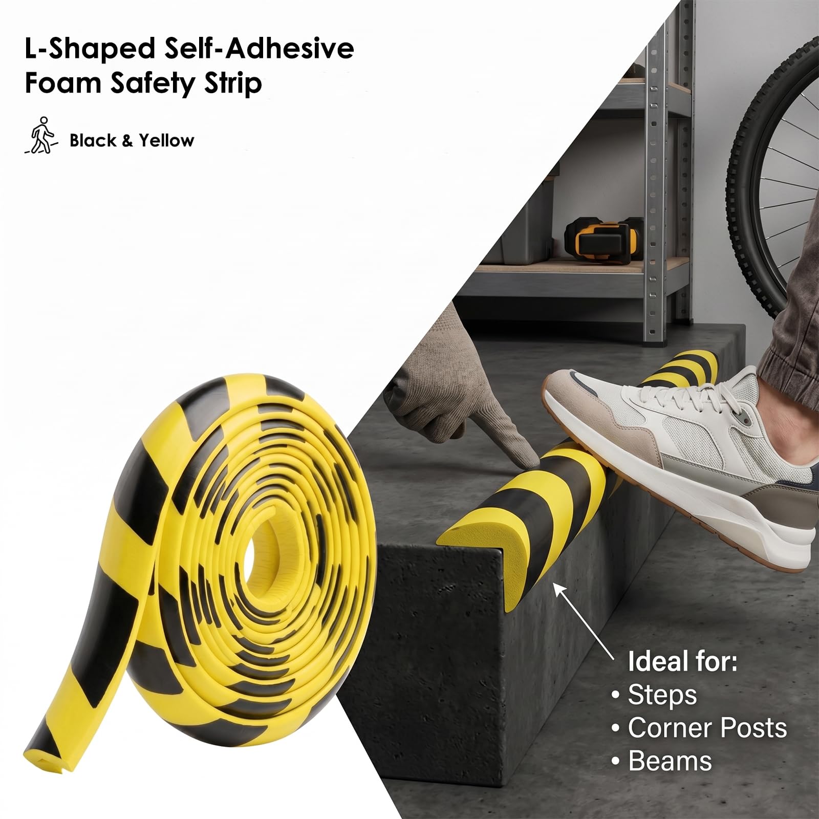 RANJIMA Protection d'angle en Mousse NBR - en Forme de L - 5 m - Noir et Jaune - Protection Contre Les Chocs - Profilé de Protection des Bords Autocollant - pour Garage, entrepôt, Mur, colonnes