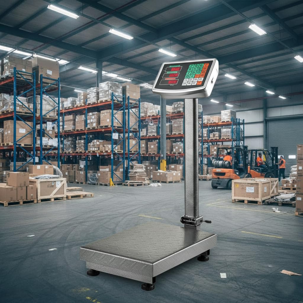 Bilancia Industriale Digitale 300 Kg Display LCD Retroilluminato Asta Pieghevole Piattaforma Acciaio
