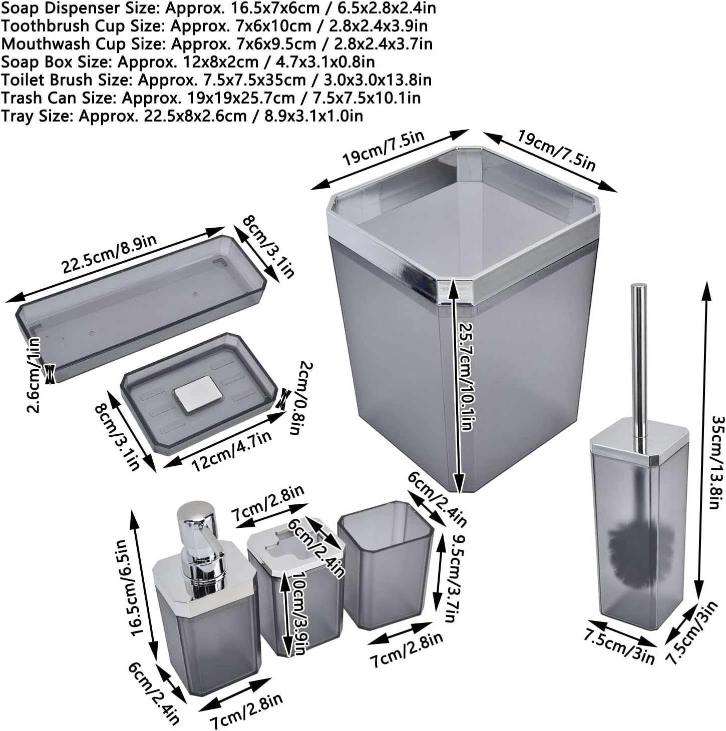 Pilipane 7Pcs/Set Plastic Bathroom Accessory Grey Toothbrush Holder Soaps Tray Toilet Brush Toilet Brush and Holder Kit for Home Hotel